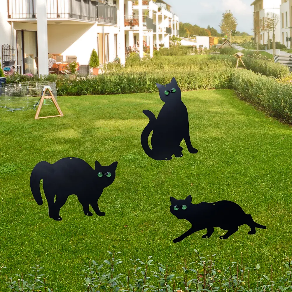 3Pcs Cat Silhouette Scarer with Reflective Eyes Cat Stakes Bird Deterrent Outdoor Cat Decorative Stakes for Yard Outdoor