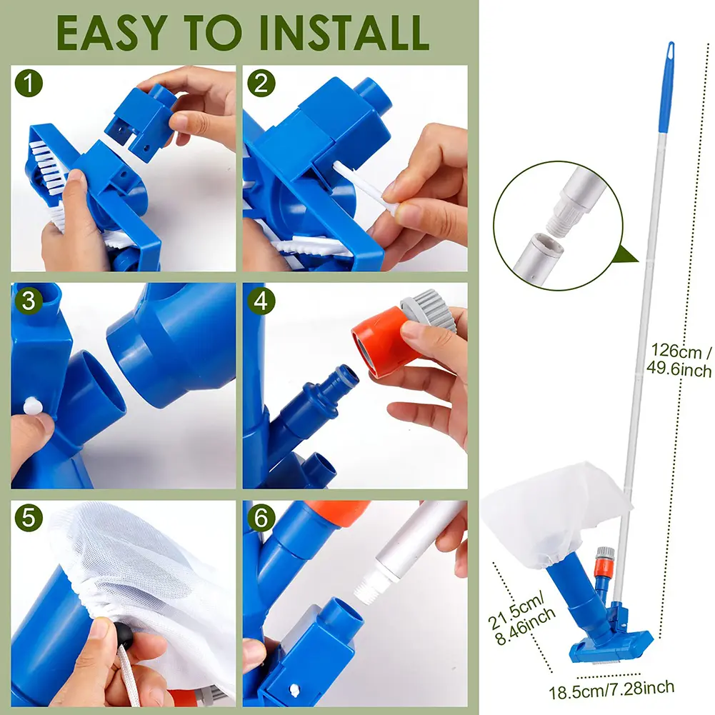 Portable Fountain Vacuum Brush Accessories Plastic Swimming Pool Vacuum Cleaner Hot Spring SPA with 5 Section Pole Cleaning Set
