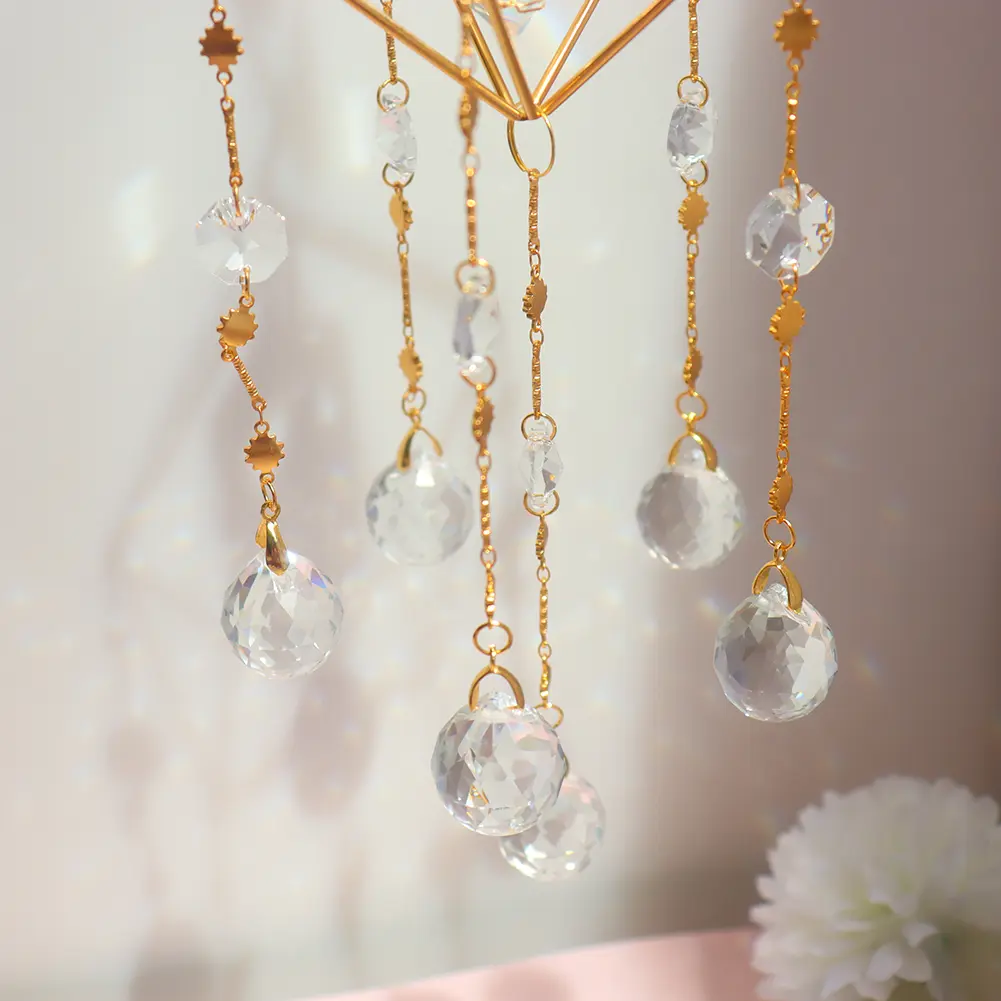 Sun Ball Crystal Hanging Metal Ornament Catching Light Wind Chime Moon Prism Ball Flower Jewelry Rainbow Window Pendant