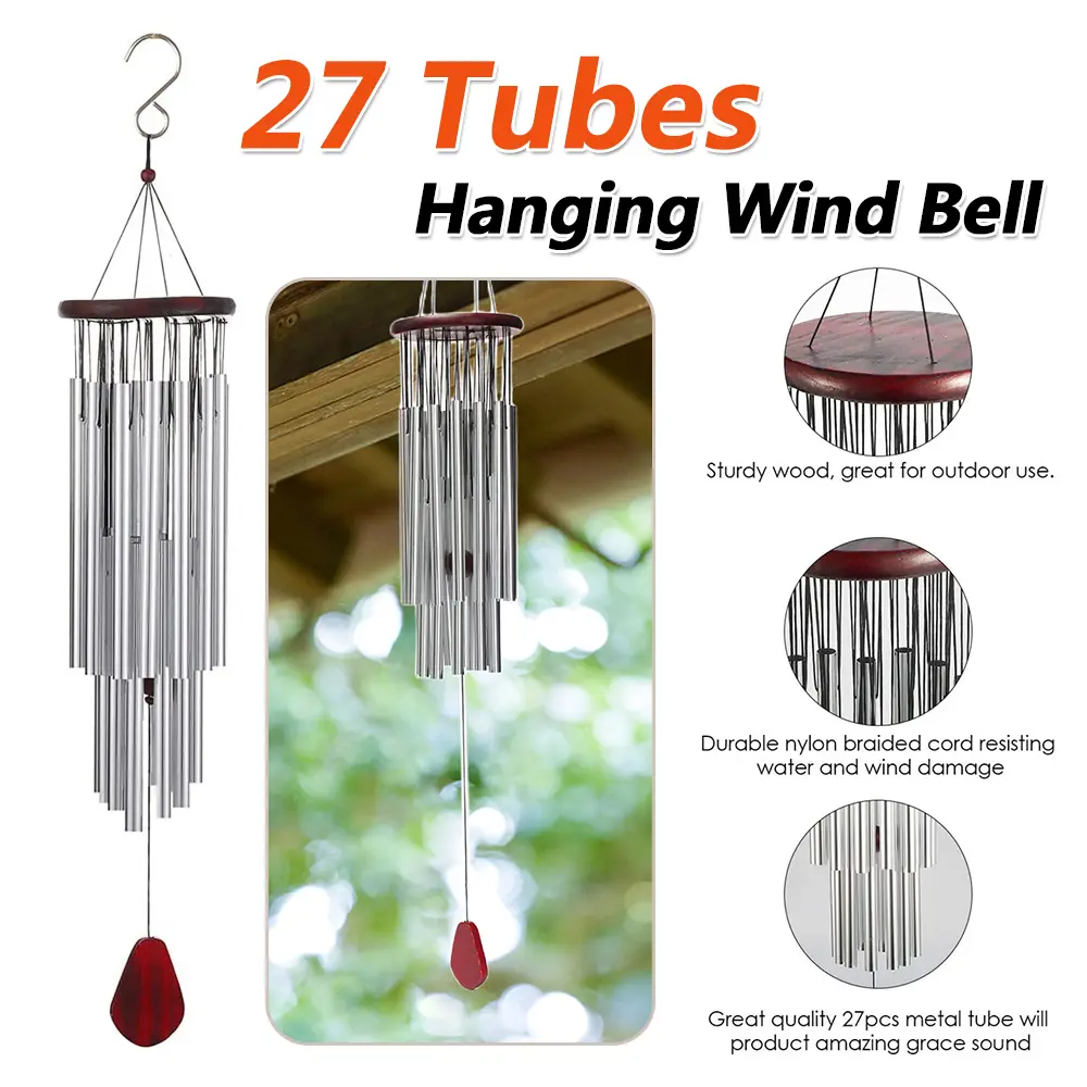Silver Tube Wind Chime Aluminum 27 Tubes Metal Wind Chimes Anti-rust Outdoor Pendant Fashion Pendants Indoor Pathway Home Decor