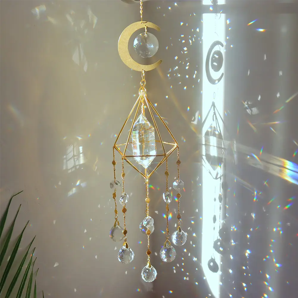 Sun Ball Crystal Hanging Metal Ornament Catching Light Wind Chime Moon Prism Ball Flower Jewelry Rainbow Window Pendant
