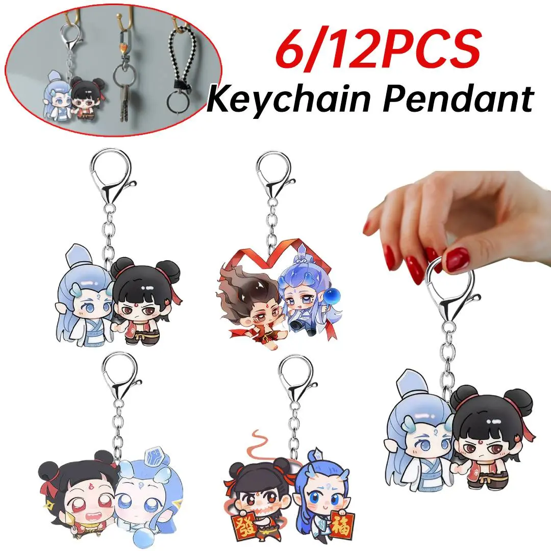 6/12pcs Movies Peripheral Ne Zha Ao Bing Keychain Pendant Acrylic Key Ring Car Pendant Schoolbag Pendant Gift For Fans Friends