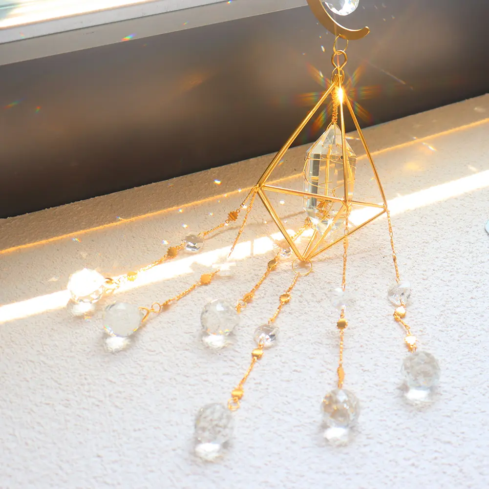 Sun Ball Crystal Hanging Metal Ornament Catching Light Wind Chime Moon Prism Ball Flower Jewelry Rainbow Window Pendant