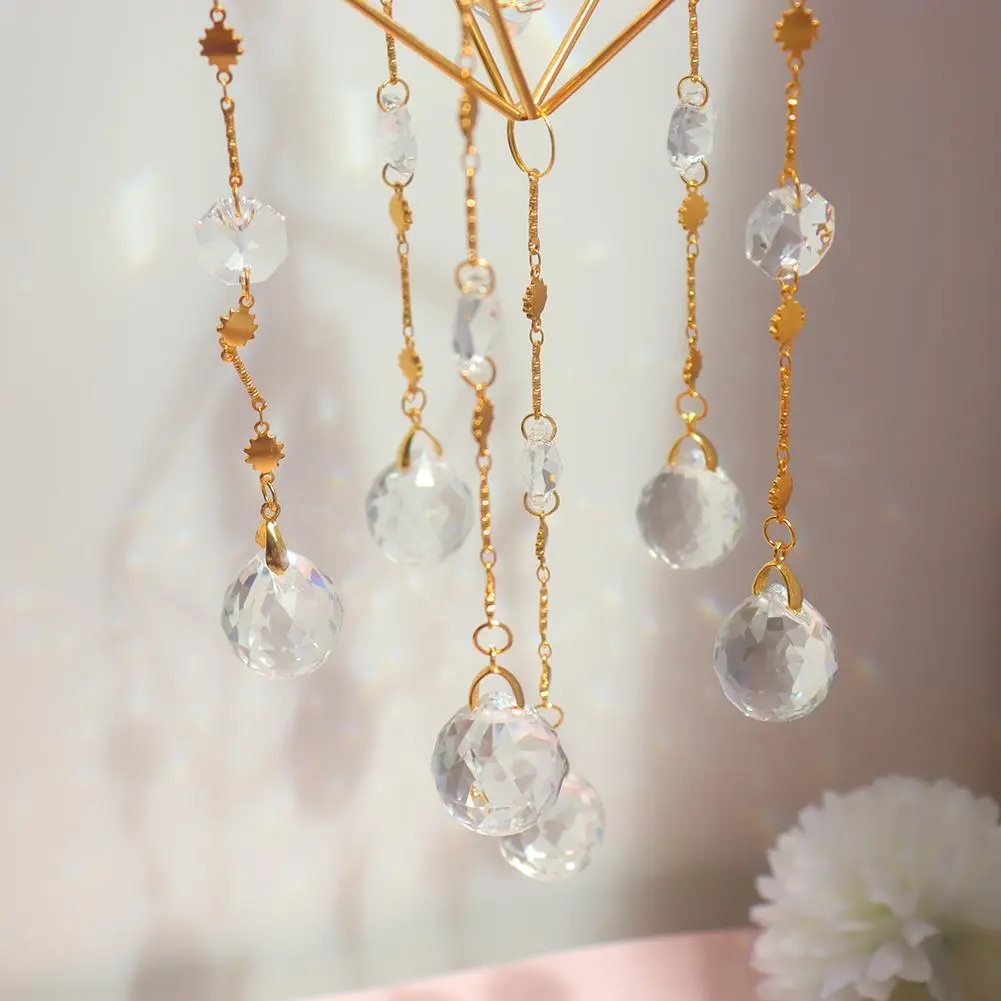 Sun Ball Crystal Hanging Metal Ornament Catching Light Wind Chime Moon Prism Ball Flower Jewelry Rainbow Window Pendant