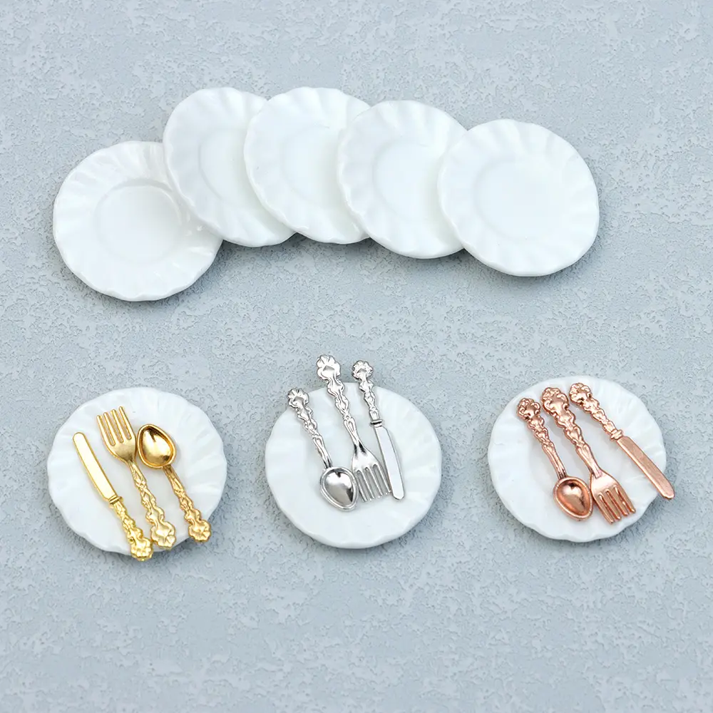 Miniature Tableware Mini Ceramic Plate Alloy Fork Spoon Dollhouse Kitchen Food Furniture Toys DIY Doll House Accessories Kid Toy