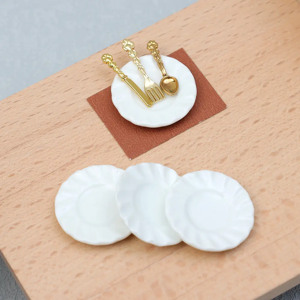 Miniature Tableware Mini Ceramic Plate Alloy Fork Spoon Dollhouse Kitchen Food Furniture Toys DIY Doll House Accessories Kid Toy