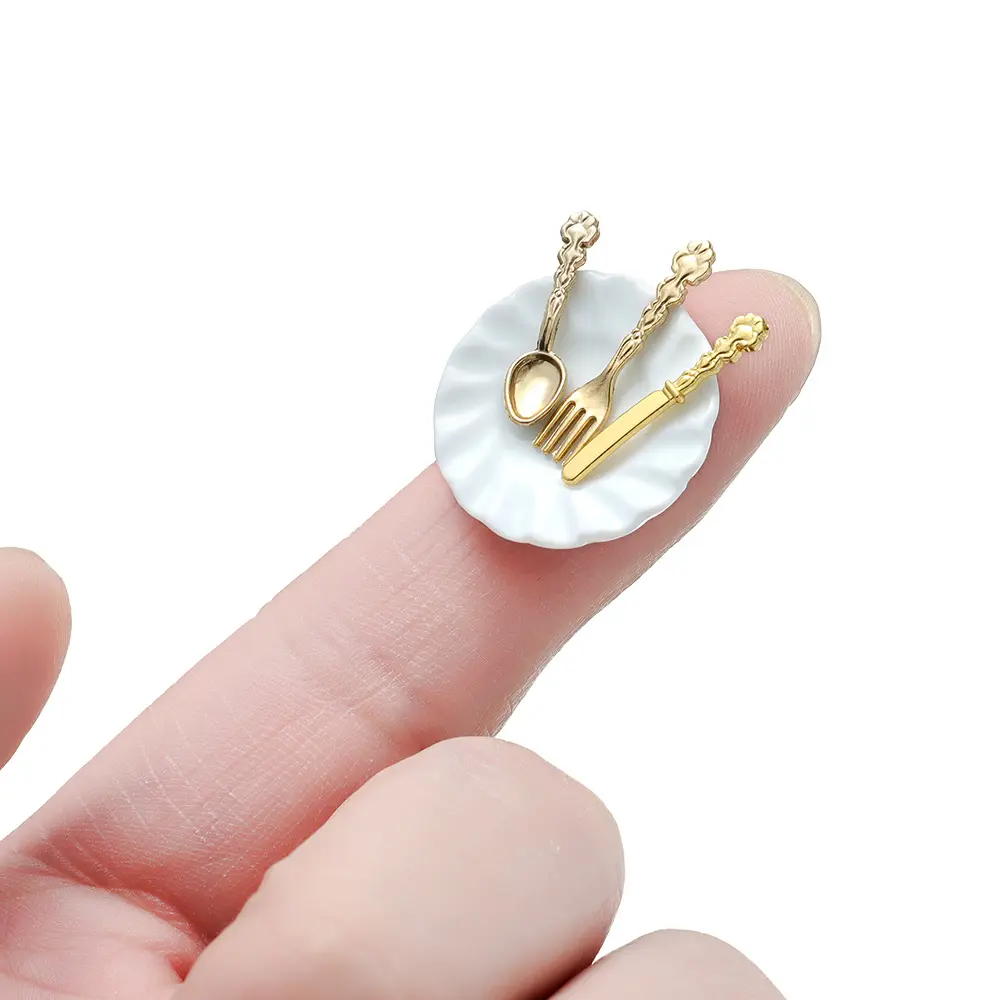 Miniature Tableware Mini Ceramic Plate Alloy Fork Spoon Dollhouse Kitchen Food Furniture Toys DIY Doll House Accessories Kid Toy