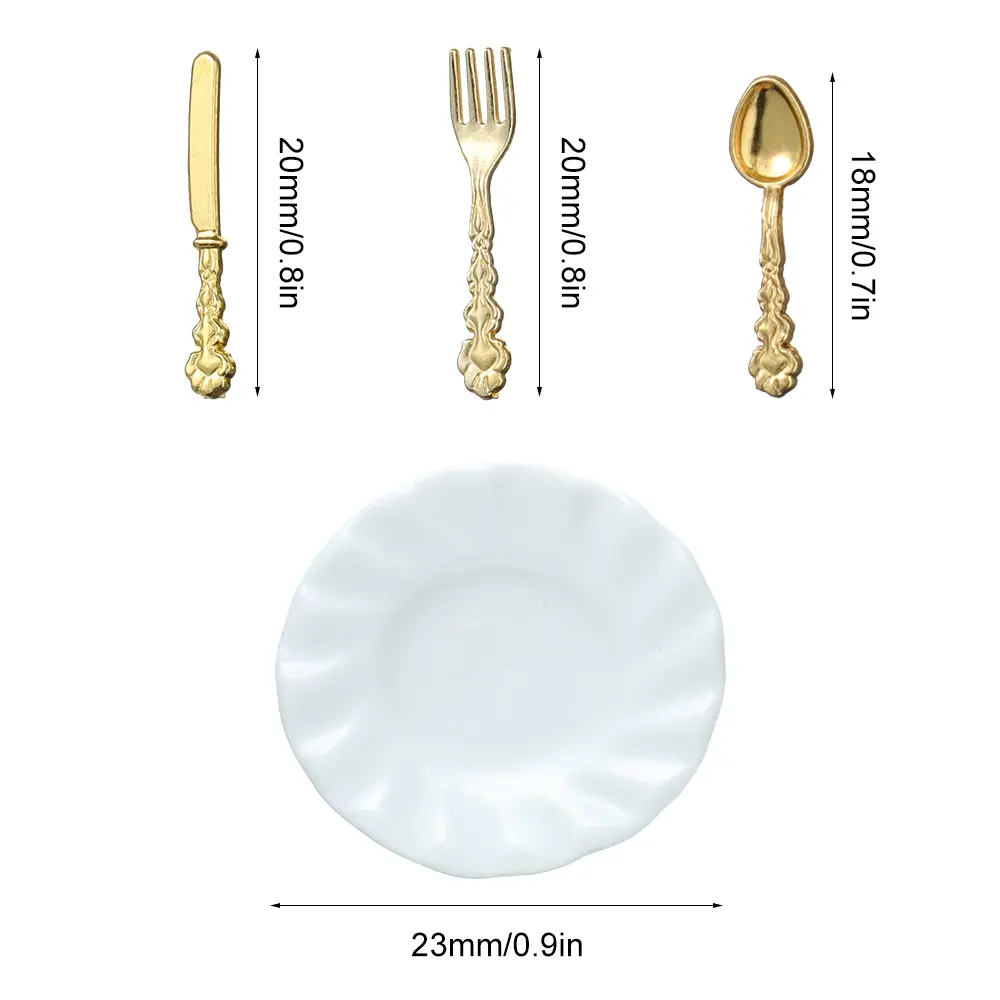 Miniature Tableware Mini Ceramic Plate Alloy Fork Spoon Dollhouse Kitchen Food Furniture Toys DIY Doll House Accessories Kid Toy