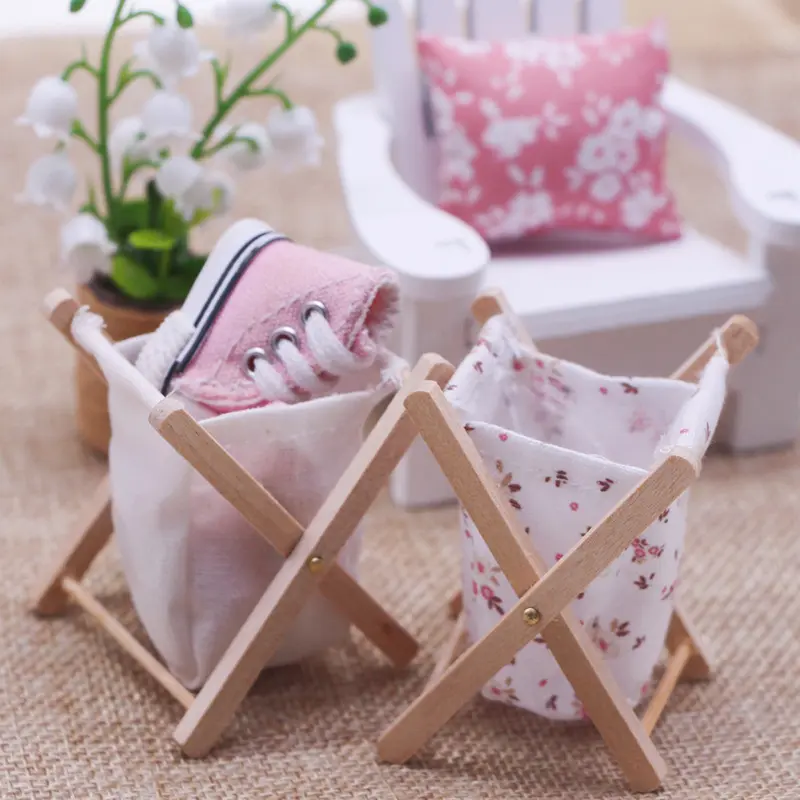 1/12 Dollhouse Miniature Wooden Folding Clothes Storage Basket Dirty Laundry Basket Home Bathroom Decorative Accessories