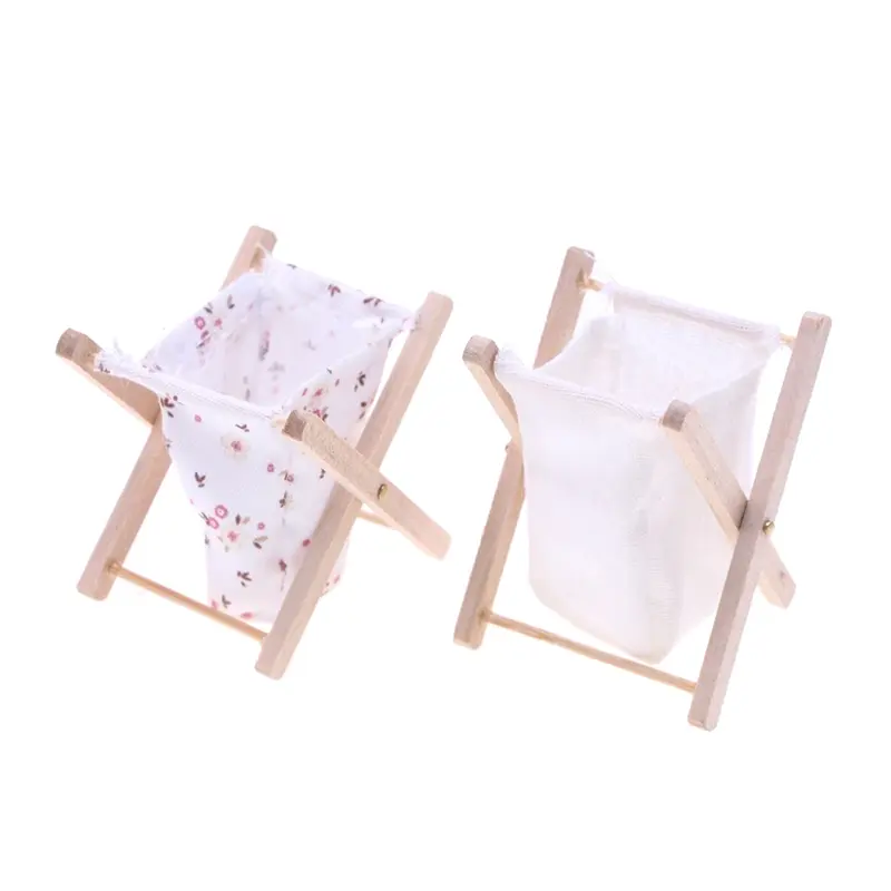 1/12 Dollhouse Miniature Wooden Folding Clothes Storage Basket Dirty Laundry Basket Home Bathroom Decorative Accessories