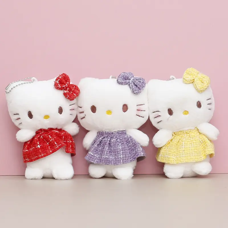 12CM Hot Plush Stuffed Toy Cute Hello Kitty Doll Soft Cartoon Dress Kawaii Girl Keychain Pendant Bag Decoration Birthday Gift