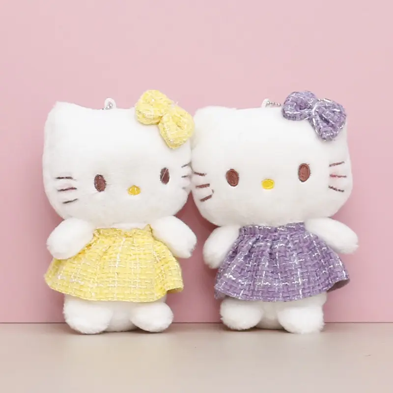 12CM Hot Plush Stuffed Toy Cute Hello Kitty Doll Soft Cartoon Dress Kawaii Girl Keychain Pendant Bag Decoration Birthday Gift