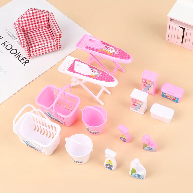1 Set Dollhouse Miniature Laundry Tool Mini Laundry Basket Bucket Detergent Electric Iron Kit For Doll Hous Diy Use Accessories