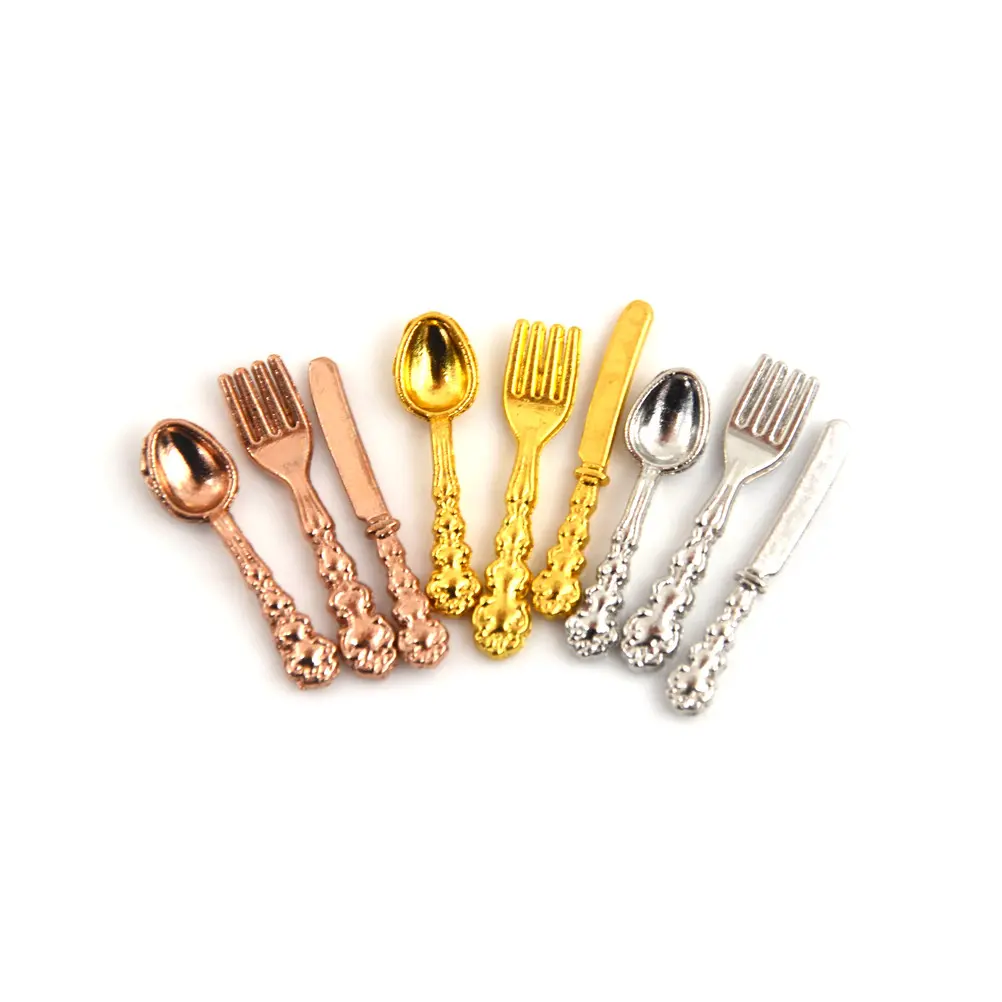 12Pcs/set Vintage 1:12 Dollhouse Miniatures Tableware Mini Cutlery Knife Fork Spoon Childrens Toy For Doll House Decor