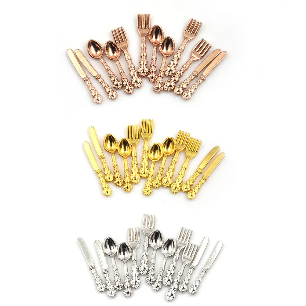 12Pcs/set Vintage 1:12 Dollhouse Miniatures Tableware Mini Cutlery Knife Fork Spoon Childrens Toy For Doll House Decor
