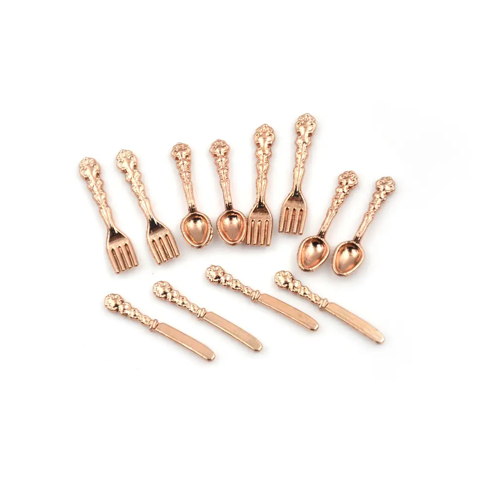 12Pcs/set Vintage 1:12 Dollhouse Miniatures Tableware Mini Cutlery Knife Fork Spoon Childrens Toy For Doll House Decor