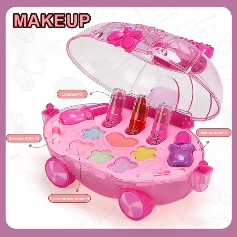New Girls Trolley Cosmetic Princess Makeup Box Suitcase Lipstick Children Toy Children Pretend Play Baby Cosmetic Set
