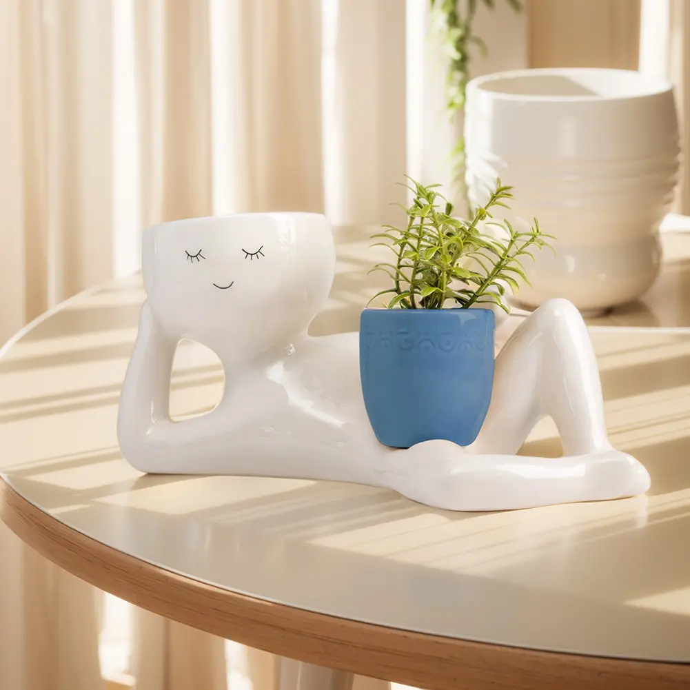 Relaxing Person Holding Pot Planter with Drainage Hole Kinky Planter Ornament Funny Succulent Pot Planter for Succulents Cactus