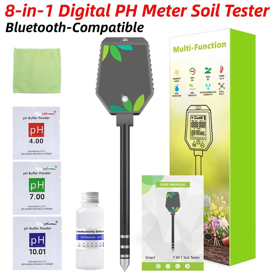 Bluetooth-Compatible 8-in-1 Soil Tester Multi-Function Digital PH Meter Portable Soil Moisture Meter Precise for Plants Flowers