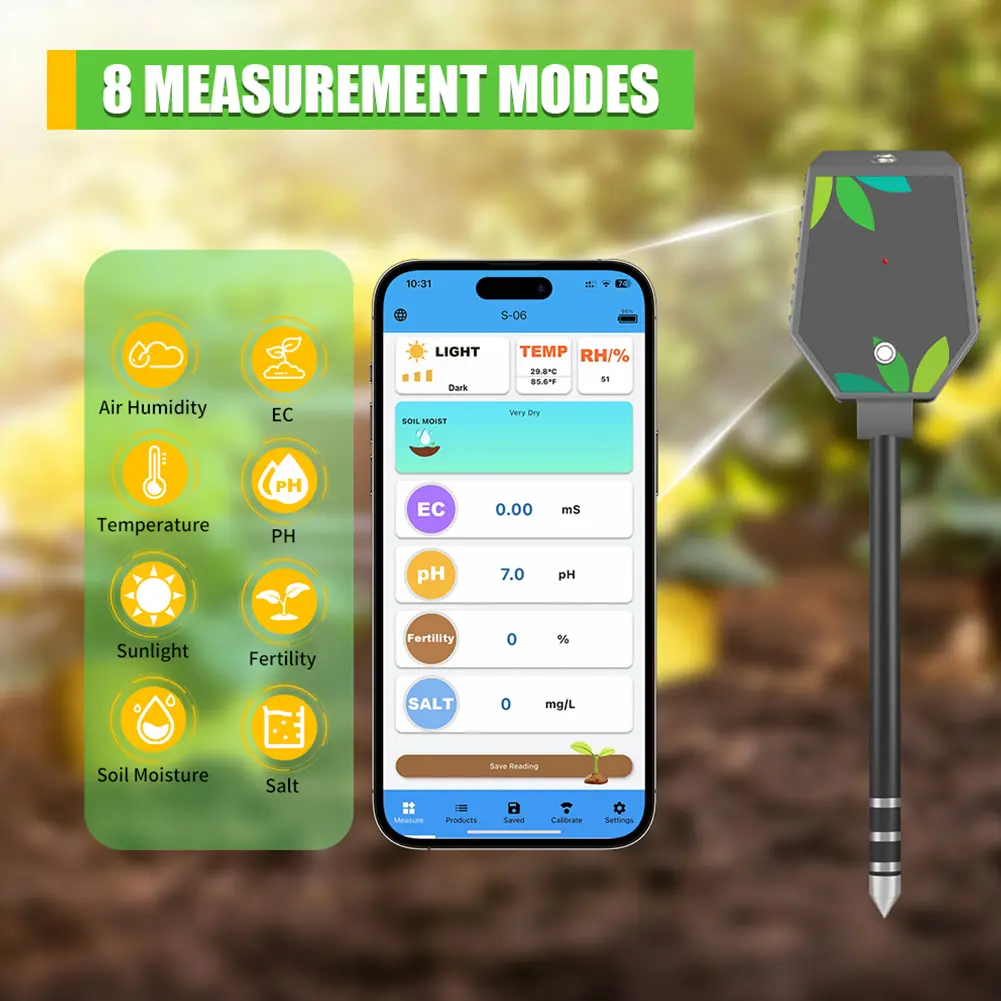 Bluetooth-Compatible 8-in-1 Soil Tester Multi-Function Digital PH Meter Portable Soil Moisture Meter Precise for Plants Flowers