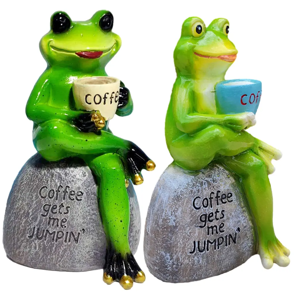 Cartoon Frog Animal Statue Resin Frog Drink Coffee Sculptures Drinking Coffee Frog Micro Landscape for Garden Lawn Patio Balcony