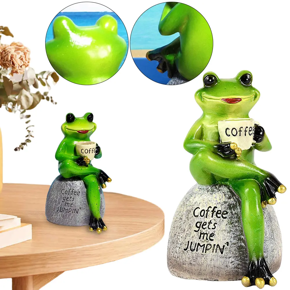 Cartoon Frog Animal Statue Resin Frog Drink Coffee Sculptures Drinking Coffee Frog Micro Landscape for Garden Lawn Patio Balcony