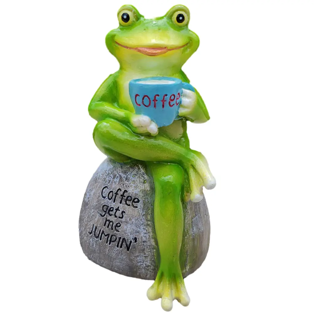 Cartoon Frog Animal Statue Resin Frog Drink Coffee Sculptures Drinking Coffee Frog Micro Landscape for Garden Lawn Patio Balcony