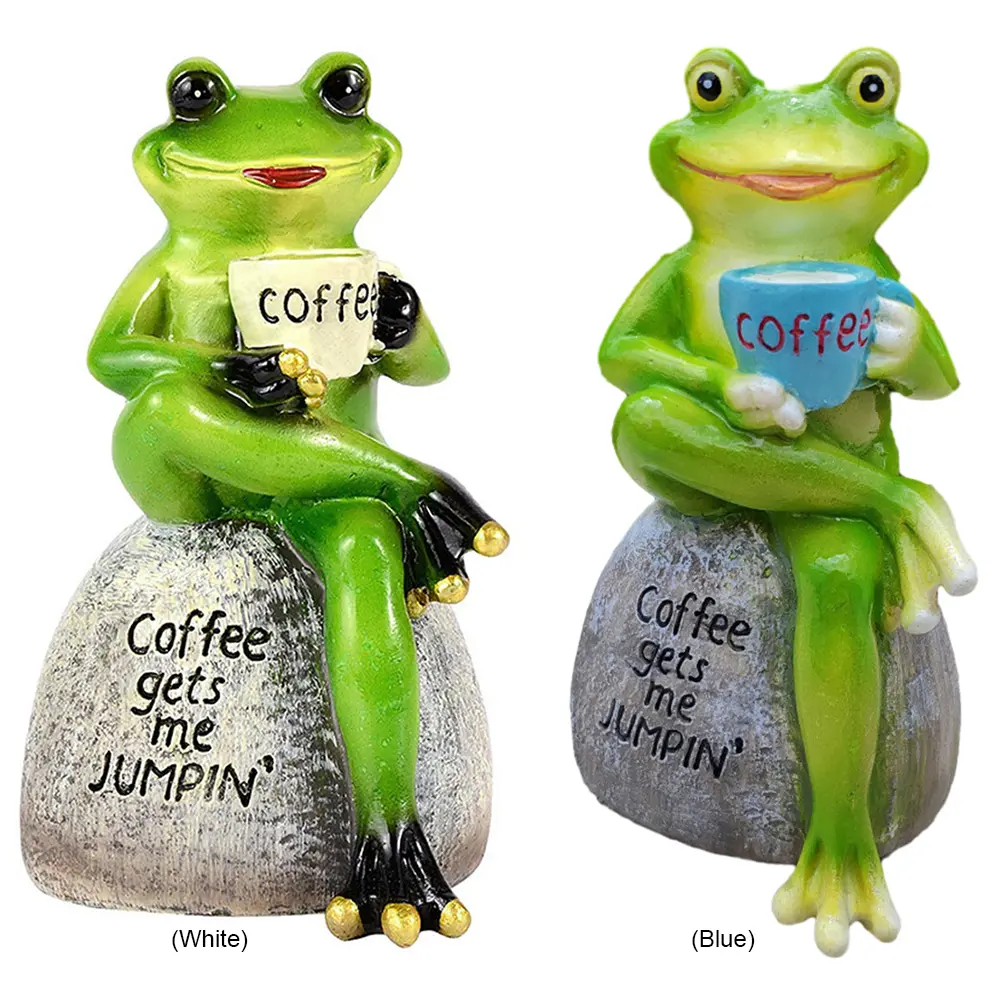 Cartoon Frog Animal Statue Resin Frog Drink Coffee Sculptures Drinking Coffee Frog Micro Landscape for Garden Lawn Patio Balcony