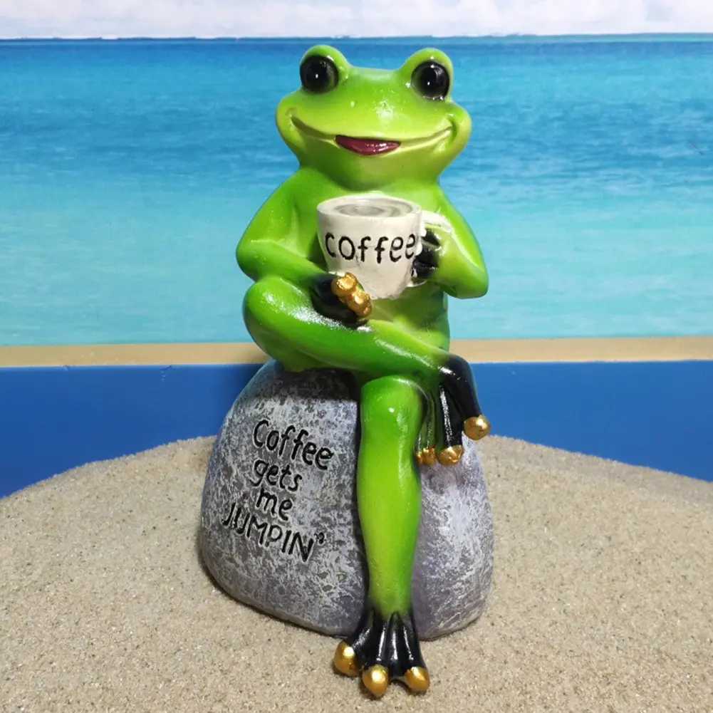 Cartoon Frog Animal Statue Resin Frog Drink Coffee Sculptures Drinking Coffee Frog Micro Landscape for Garden Lawn Patio Balcony
