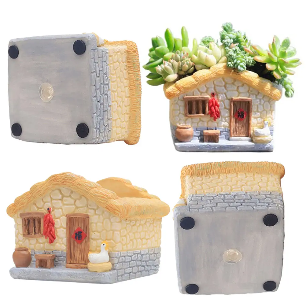 Farmhouse Succulent Pot House Shape Bonsai Pot Decorative Flower Planter Pot Multi-Function Garden Plant Pot for Micro Landscape