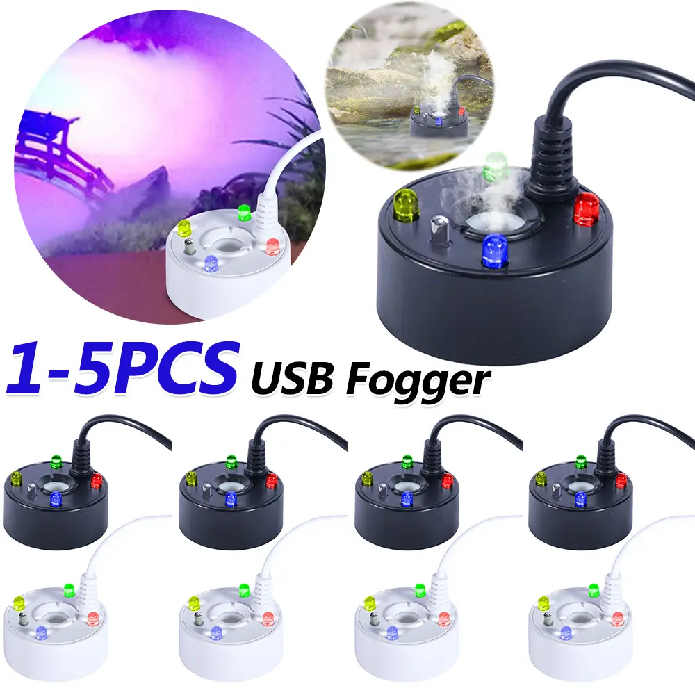 1-5PCS USB Mist Maker 4 LED Water Fountain Pond Fog Machine Atomizer for Halloween Party Decorations for Fish Tanks Rockery Deco