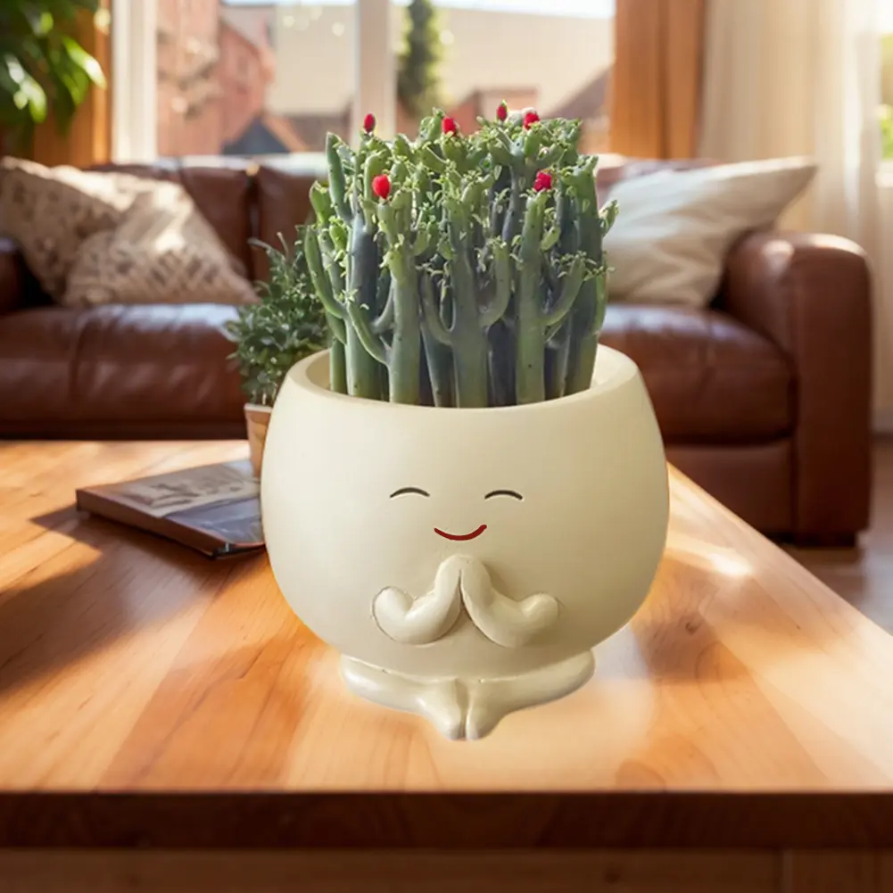 Smile Face Planter with Drainage Hole Cute Flower Pots Resin Smile Face Flower Container for Home Room Decor
