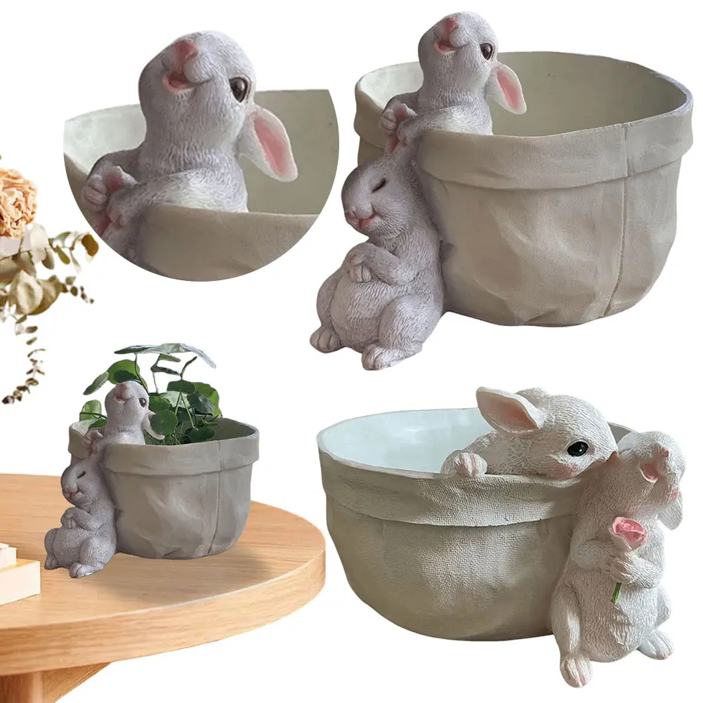 Cartoon Rabbit Flower Pot Resin Bunny Planter Ornament Creative Artificial Rabbit Statue Flowerpot Home Desktop Decoration