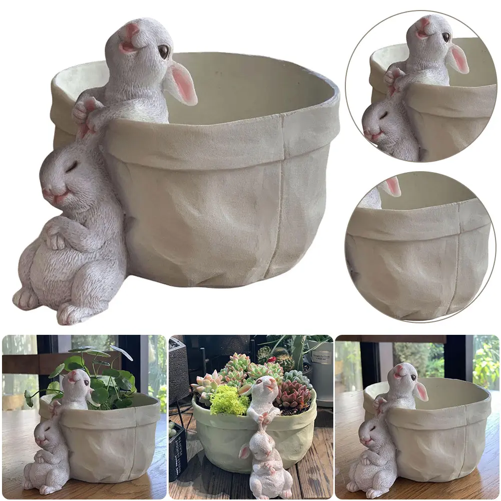 Cartoon Rabbit Flower Pot Resin Bunny Planter Ornament Creative Artificial Rabbit Statue Flowerpot Home Desktop Decoration