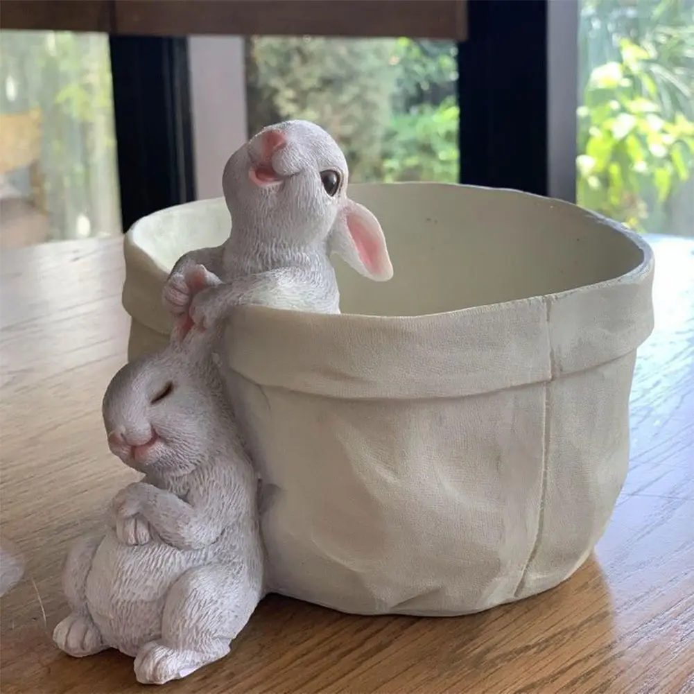 Cartoon Rabbit Flower Pot Resin Bunny Planter Ornament Creative Artificial Rabbit Statue Flowerpot Home Desktop Decoration