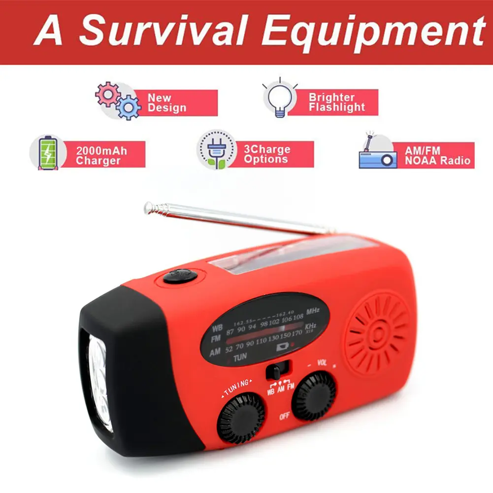 Multifunctional Hand FM AM WB NOAA Radio Hand Crank Solar 2000mAh Radio LED Flashlight Weather Radio Portable LED Flashlight