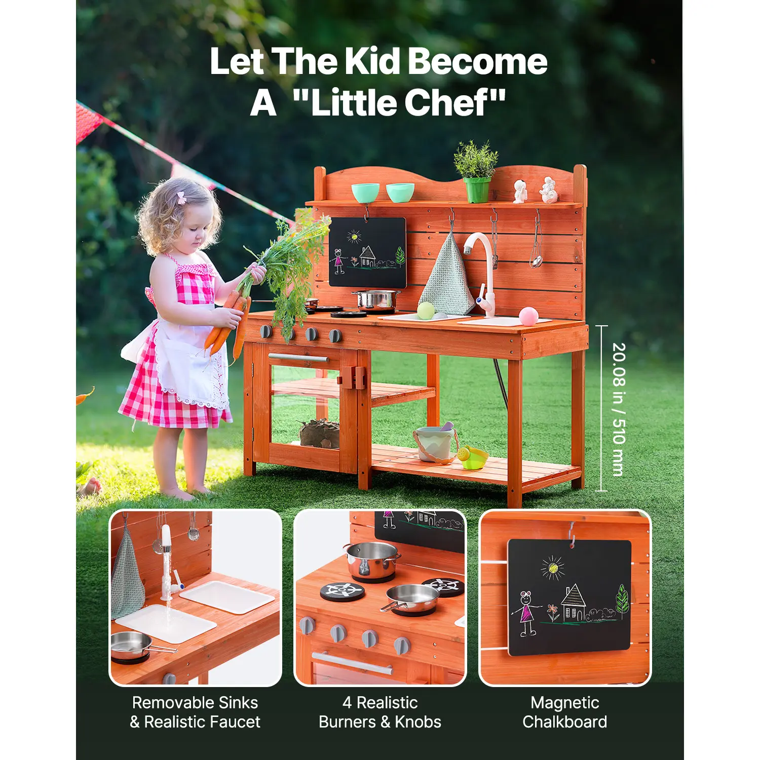 VEVOR Wooden Mud Kitchen Playset with Stove Sink & Faucet Kids Pretend Play Kitchen Set for Children Boys & Girls Birthday Gifts