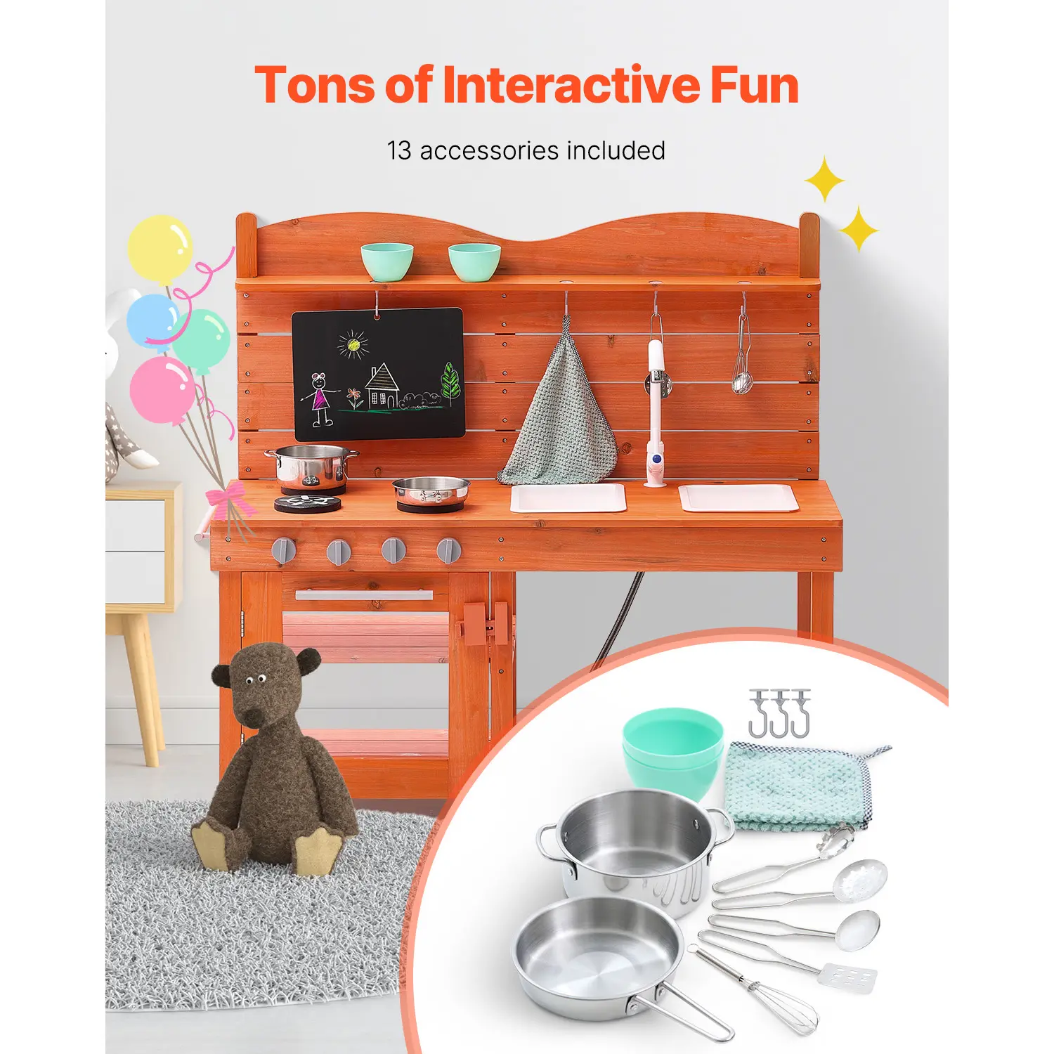 VEVOR Wooden Mud Kitchen Playset with Stove Sink & Faucet Kids Pretend Play Kitchen Set for Children Boys & Girls Birthday Gifts