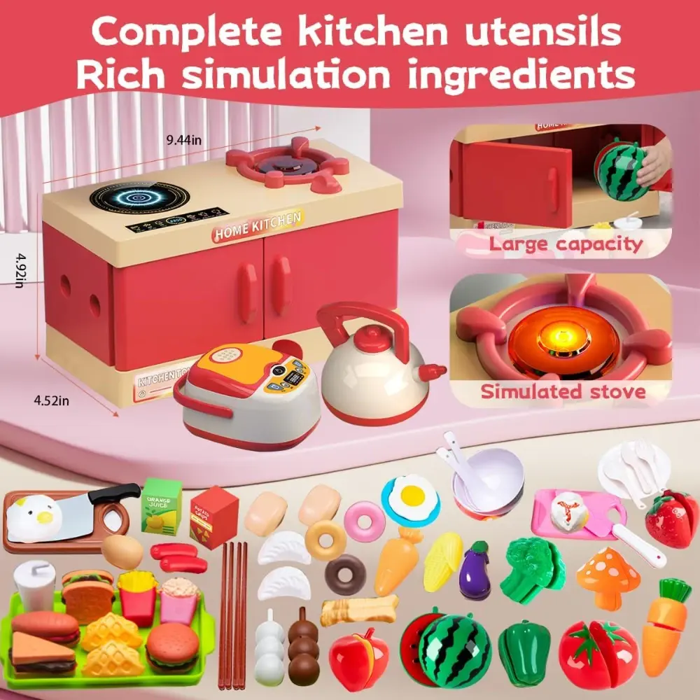 WizKidz Kids Kitchen Play Set with Cooking Stove Utensils Pots Pans Pretend Play Food & Veges Educational Gift for Boys & Girls