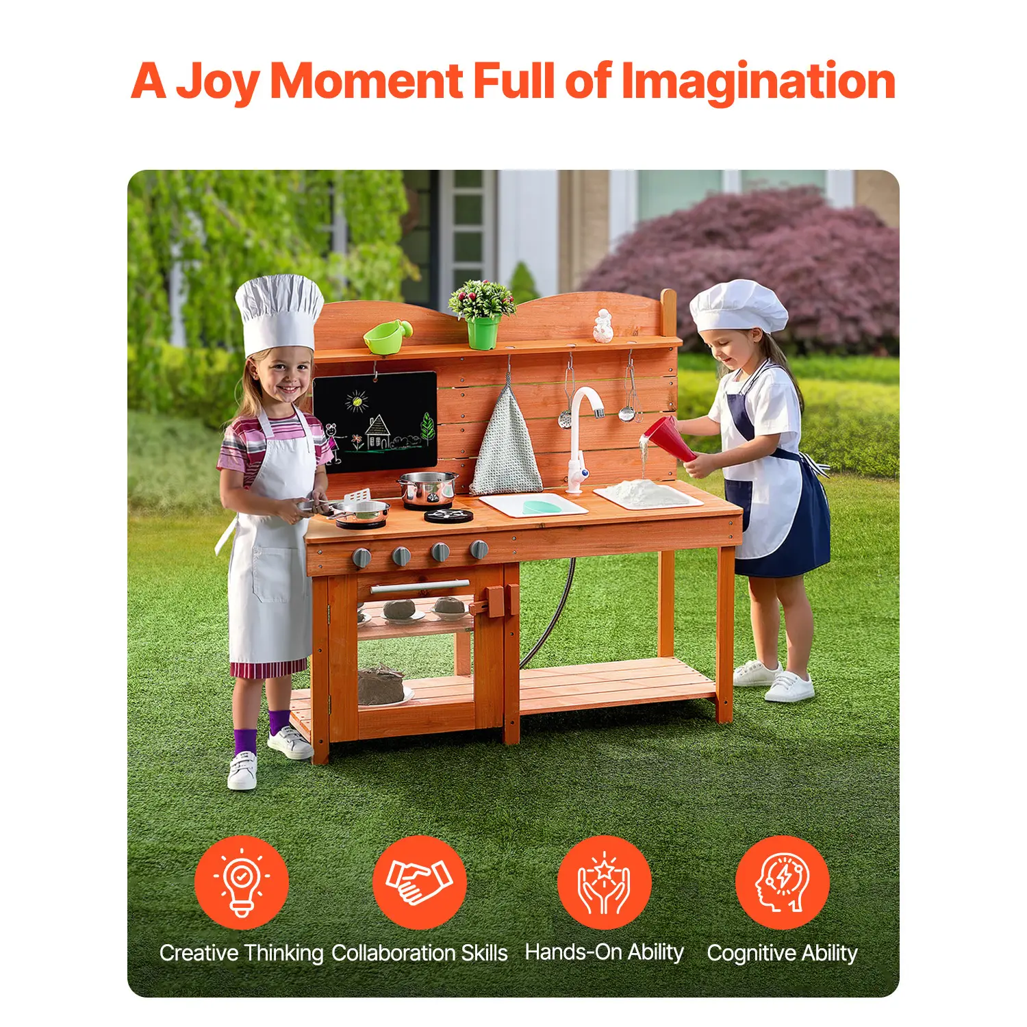 VEVOR Wooden Mud Kitchen Playset with Stove Sink & Faucet Kids Pretend Play Kitchen Set for Children Boys & Girls Birthday Gifts