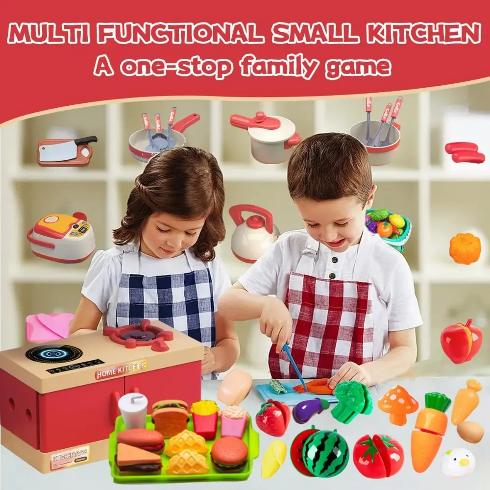 WizKidz Kids Kitchen Play Set with Cooking Stove Utensils Pots Pans Pretend Play Food & Veges Educational Gift for Boys & Girls