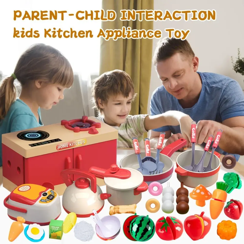 WizKidz Kids Kitchen Play Set with Cooking Stove Utensils Pots Pans Pretend Play Food & Veges Educational Gift for Boys & Girls