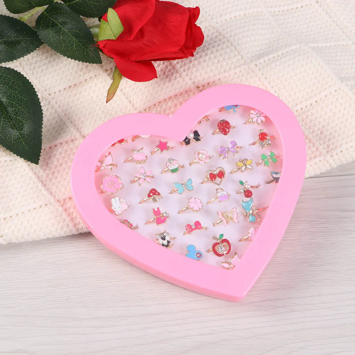 12/36 Pcs Adjustable Alloy Baby Girl Rings with Heart Shaped Box Cartoon Mix Finger Jewellery Rings Kid Girls Toys Random Color