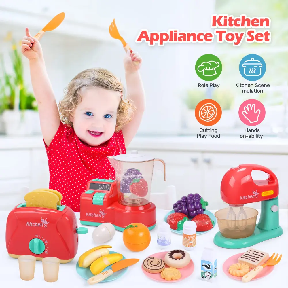 WizKidz Kids Toy Kitchen Utensils Play Set Mixer Blender Toaster Sounds Lights Toddler Accessories for Boys & Girls Kitchen Fun