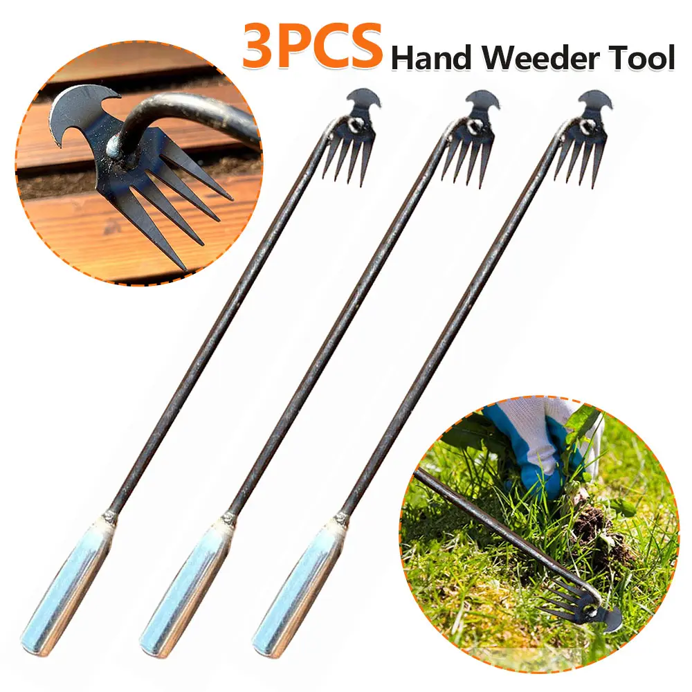 3PCS Long Wood Handle Stainless Steel Garden Weeder Hand Weeding Removal Cutter Puller Tools Multifunction Weeder Transplant