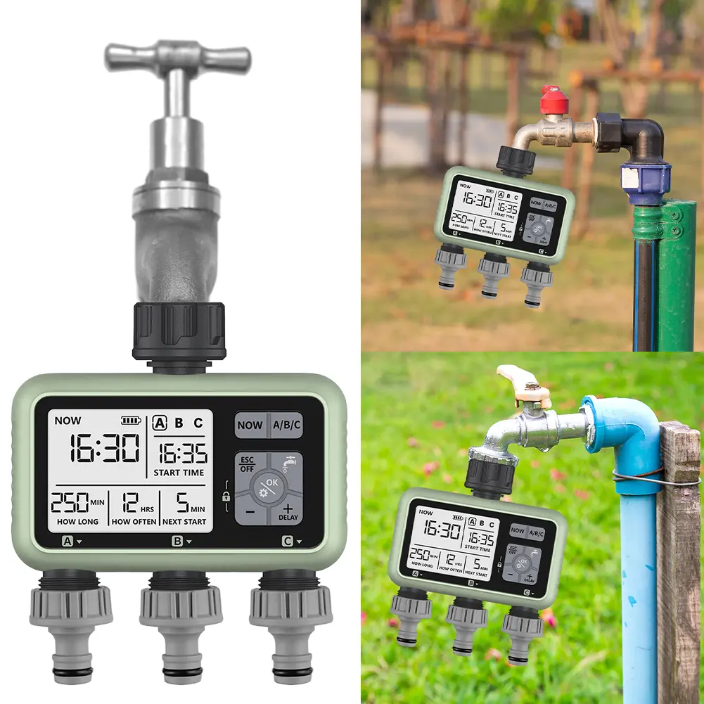 3 Zone Automatic Water Timer Digital Irrigation Machine Manual/Automatic Mode Water Hose Timer Rain Delay for Garden Yard Lawn