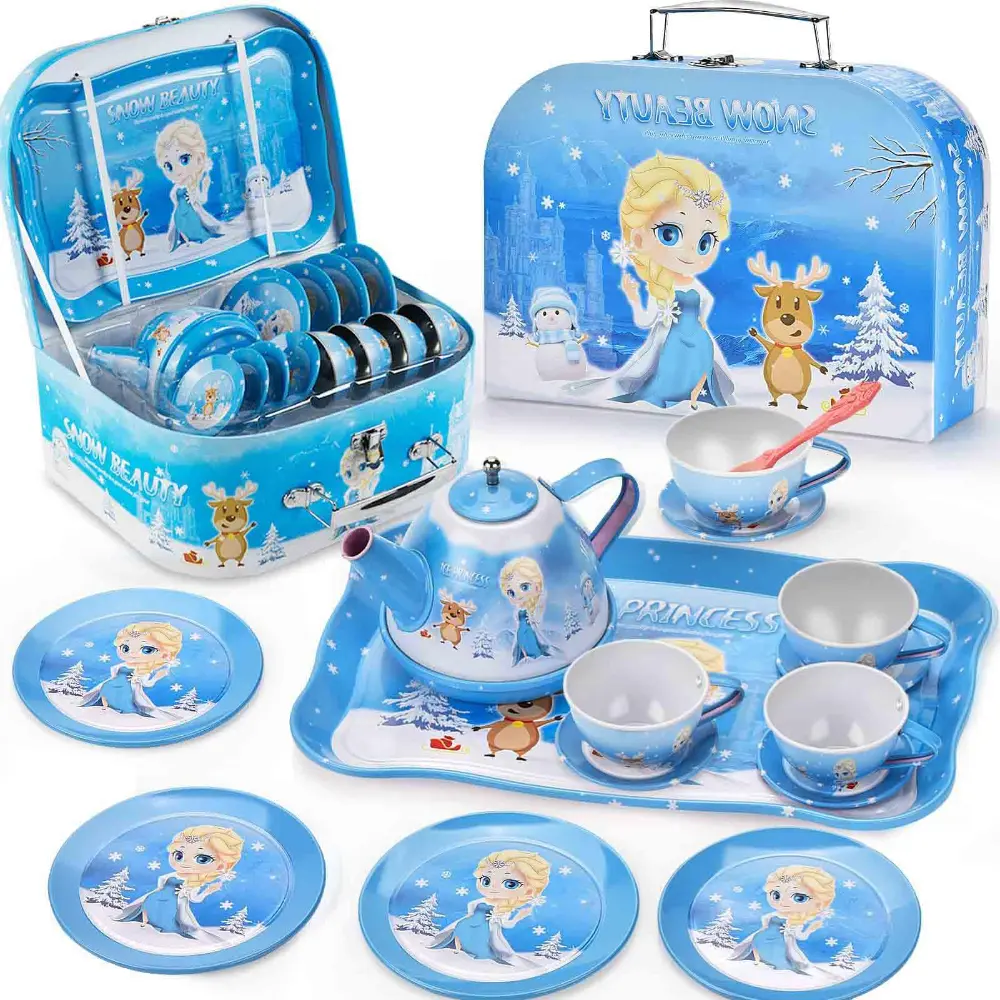 WizKidz Frozen Tea Party Set for Little Girls Princess Kitchen Pretend Toy with Tin Tea Set & Carrying Case for Birthday Gift