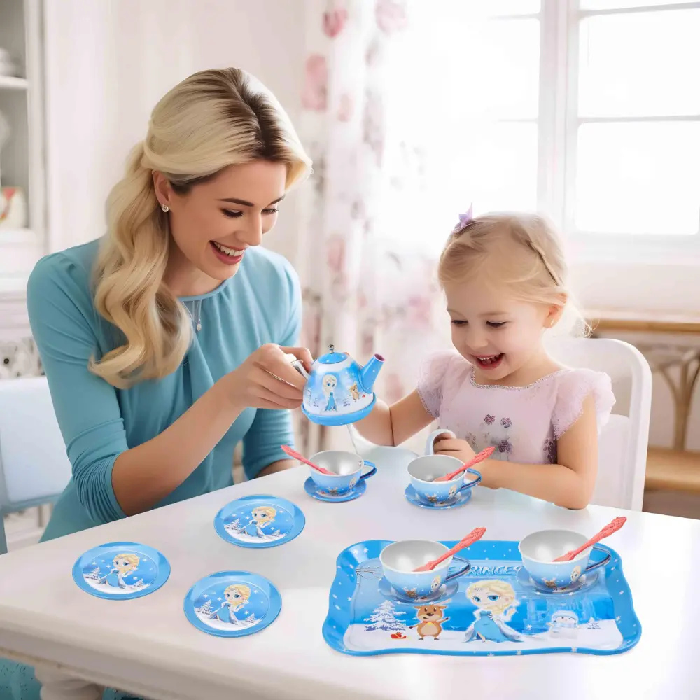 WizKidz Frozen Tea Party Set for Little Girls Princess Kitchen Pretend Toy with Tin Tea Set & Carrying Case for Birthday Gift