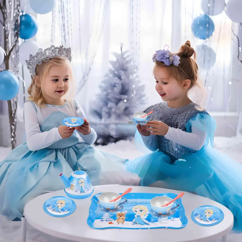 WizKidz Frozen Tea Party Set for Little Girls Princess Kitchen Pretend Toy with Tin Tea Set & Carrying Case for Birthday Gift