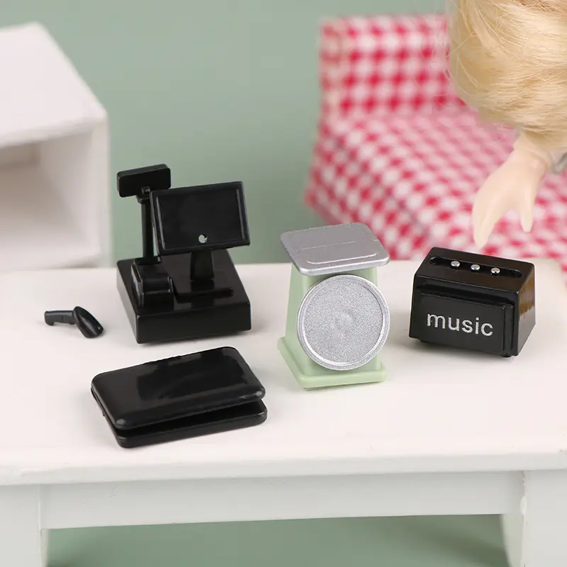 1/12 Scale Supermarket Store Decor Miniature Dollhouse Food Scales Barcode Scanner Cashier Laptop Model Doll House Accessories